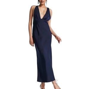 ASOS DESIGN Bias Cut Plunge‎ Satin Midi
Dress Racer Back Navy Blue Size 8 Party